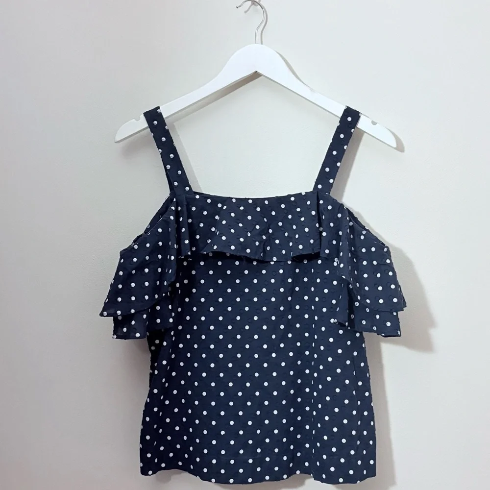 J. Crew Navy Dot Ruffled Off-Shoulder Top - Picture 2 of 8